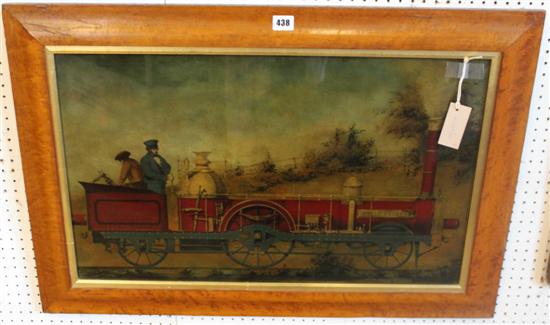 Painted print on glass of an early steam engine